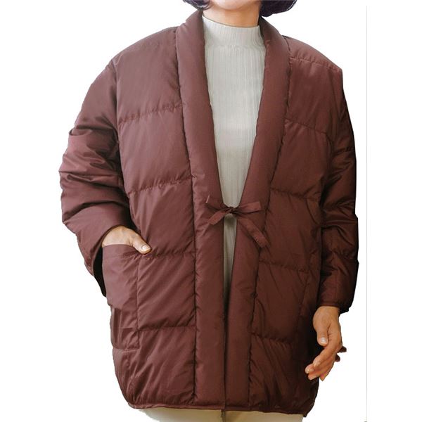 あったか羽毛 半天/防寒着 【レディース ワイン】 着丈約80cm 洗える 撥水加工 軽量 ダウン使用 ポケッ..