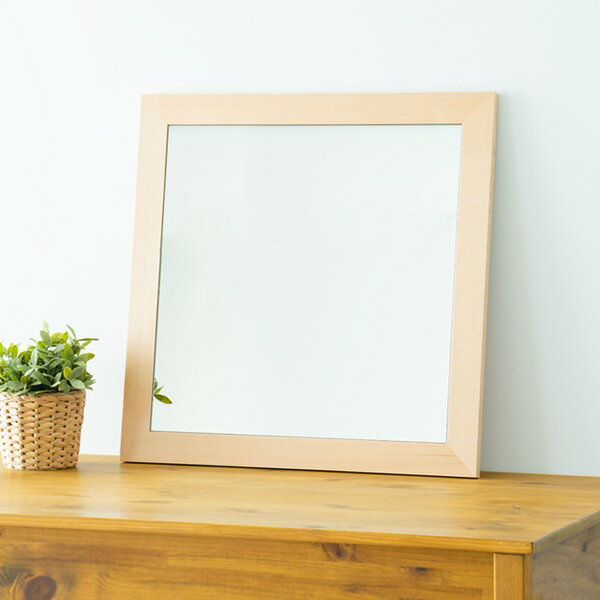 幅広枠正方形ウォールミラー(60)(ナチュラル) 天然木 姿見鏡 ワイド 高級感 木製 飛散防止加工 壁掛け 北欧風 ヴィンテージ 韓国インテリア 玄関 トイレ 洗面 日本製 完成品 NK-32[21]