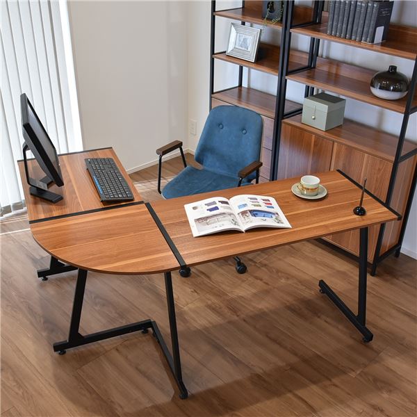 デスク 机 パソコンデスク コーナーデスク 幅147cm L字型 スチール アイアン 木目 ブラック/ブラウン B..