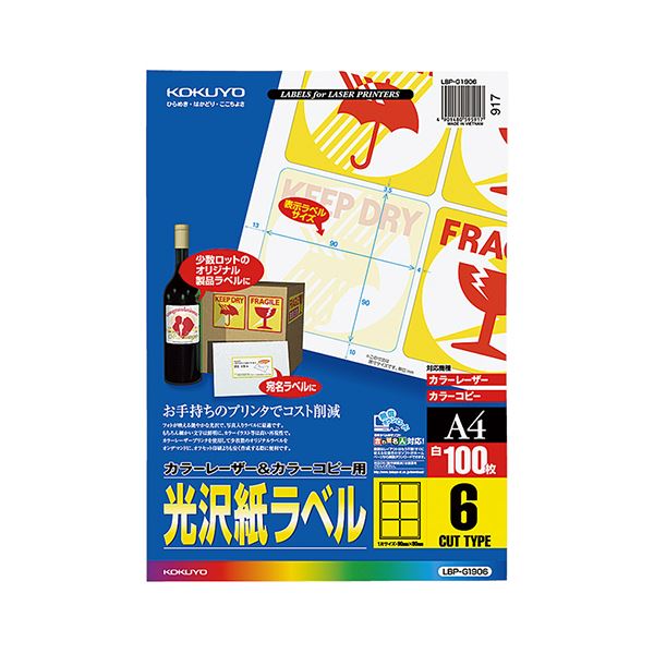 (まとめ）コクヨ カラーレーザー&カラーコピー用光沢紙ラベル A4 6面 90×90mm LBP-G1906 1冊(100シート)【×3セット】[21]