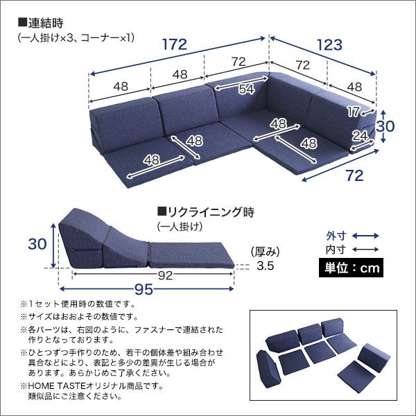 コーナー ローソファー 2セット コーナー付き ネイビー 1人掛け:幅約49cm コーナー:約幅74cm 日本製 国産 フロアソファー コーナーソファー リビング家具【代引不可】[21] [2]