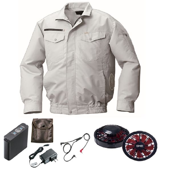 KU92030 空調服 R 綿・ポリ混紡 横ファン FAN2200BR・CBB500ロングケーブル・LIPRO2セット シルバー 4L[21]