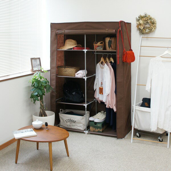 棚付きハンガーラック/衣類収納ケース 【幅106×奥行42×高さ158m】 カバー付き スチール製 通気性抜群 ブラウン[21]