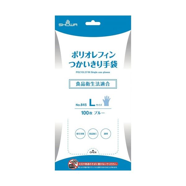 ■サイズ・色違い・関連商品■L[当ページ]■M■S■商品内容【ご注意事項】この商品は下記内容×30セットでお届けします。【商品説明】●Lサイズです。■商品スペックサイズ：L全長：約25.5cm材質：ポリエチレン色：ブルー手のひら周り(cm)：約22.0cmその他仕様：●食品衛生法適合■送料・配送についての注意事項●本商品の出荷目安は【1 - 5営業日　※土日・祝除く】となります。●お取り寄せ商品のため、稀にご注文入れ違い等により欠品・遅延となる場合がございます。●本商品は同梱区分【TS1】です。同梱区分が【TS1】と記載されていない他商品と同時に購入された場合、梱包や配送が分かれます。●本商品は仕入元より配送となるため、沖縄・離島への配送はできません。[ NO.845-L ]