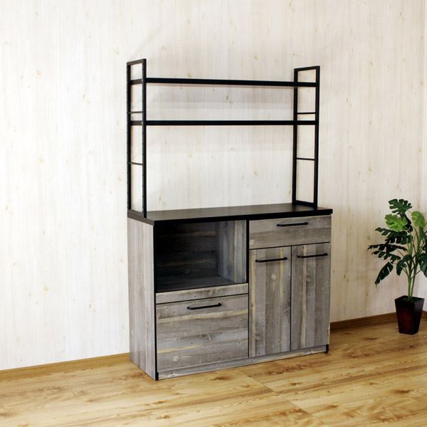 食器棚 幅約120cm 棚板タイプ ブルックリン 日本製 アイアン 古木風 木目柄 カップボード キッチン 台所 インテリア家具【代引不可】[21]