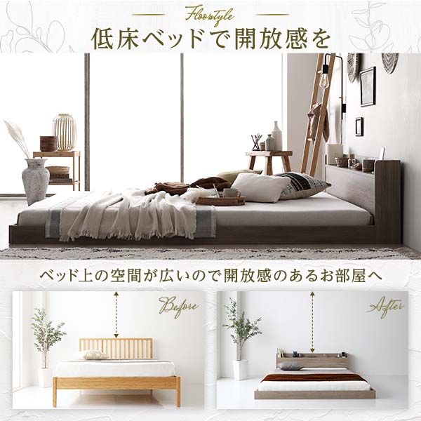 ベッド ローベッド セミダブル ポケットコイルマットレス付き グレージュ ロータイプ 低床 宮付き 棚付き 2口 コンセント付き すのこ 木製 木目調 オーク柄 フロアベッド セミダブルベッド[21] [3]