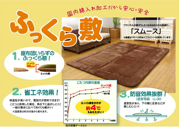 ラグマット/こたつ敷布団 【グリーン 約190×190cm】 洗える 軽量 国産固綿40mm使用 フランネル地 ふっくら敷 〔リビング〕【代引不可】[21] [2]