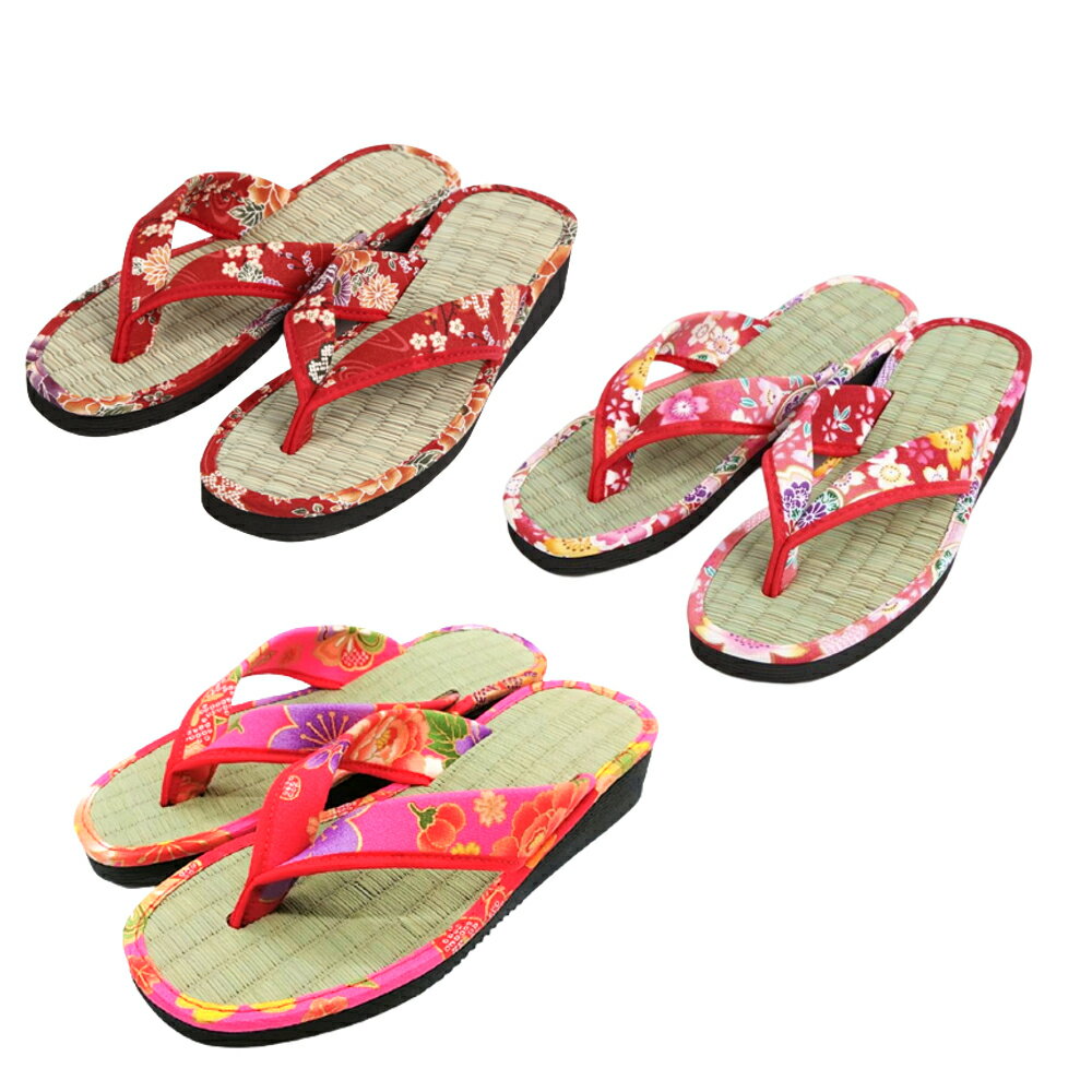 国内製造で材料も国産の高品質な畳草履です 日本製 畳草履 女性用草履 和柄 畳サンダル レディース かわいい 草履 花柄 タタミ 軽い 軽量 和装 履物 赤色 柄のおまかせです かわいい赤色の草履です 畳効果による抗菌 通気性があり 蒸れにくく清潔に維持できます 畳の