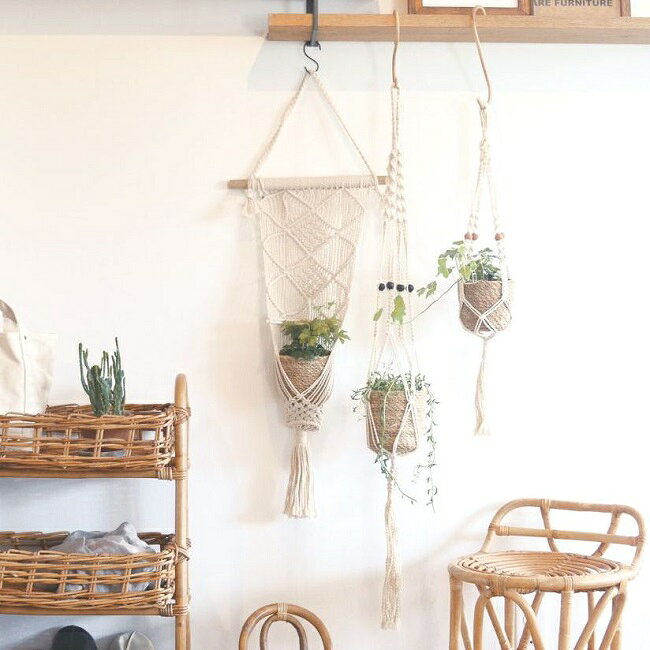 天然素材のポット付きプラントハンガー！マクラメ ハンギングポットB【コットンロープ ハンドメイド 吊り下げ マクラメ編み プランター 鉢 観葉植物 グリーン】