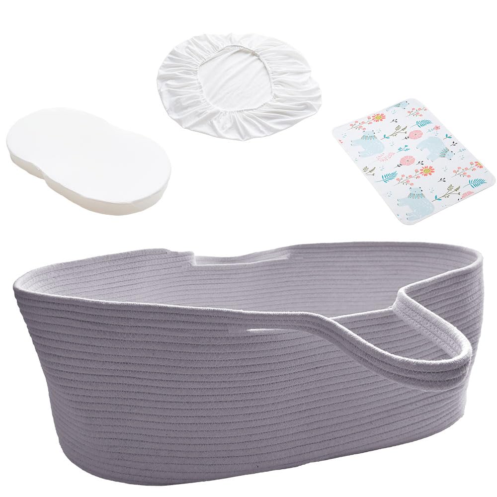 「訳あり新品★外箱段ボールにキズ・汚れアリ・中身は新品です」H∞HealthyLife ロープ編み 敷きマット付き ベビー バスケット ゆりかご (グレー)