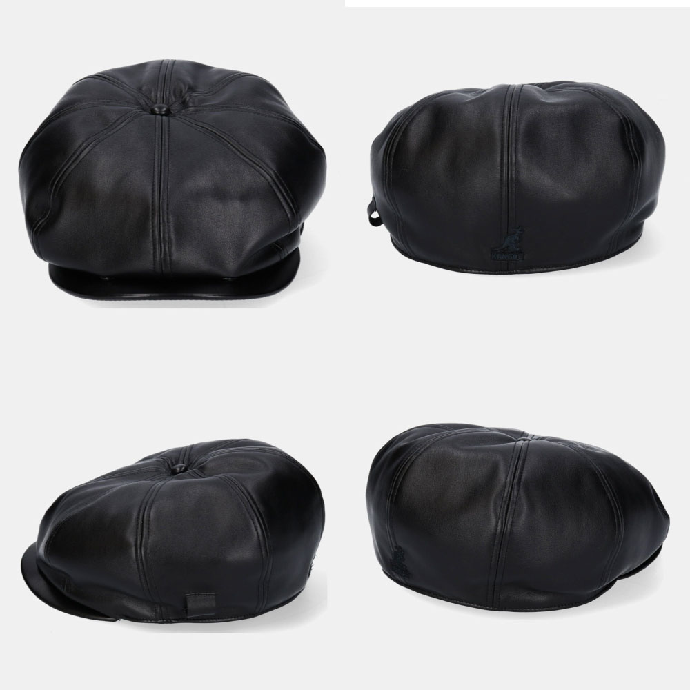 KANGOL カンゴール 6P レザー キャスケット ハンチング Faux Leather Cap カンゴルー 帽子 メンズ レディース M L 黒 オールブラック ストリート RUNDMC カンガルーマーク タイベック素材 ロゴパッチ ストリート ファッション ダンス スケート ハーレー バイク クラシック