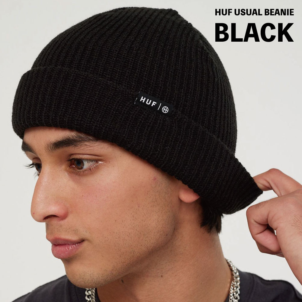 HUF USUAL BEANIE BLACK ハフ ニット帽 帽子 メンズ レディース スケボー ストリート プレゼント 男 女 フリーサイズ 人気 雑誌掲載 ビーニー ワッチ ふわふわ ショートビーニー スケート ブランド アメリカ ワッフル zozoz town ZOZOTOWN ゾゾタウン Jack 039 n da Box