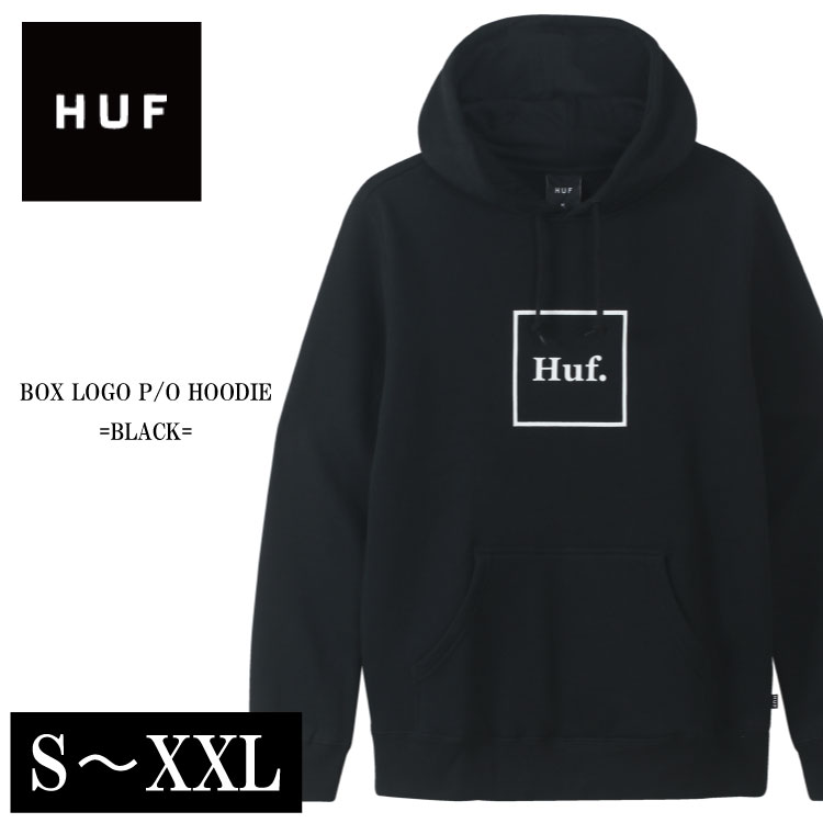 HUF ハフ パーカー プルオーバー BOX LOGO P/O HOODIE BLACK ハフ ボックスロゴ スウェット 大きいサイズ アメリカンサイズ 新作 メンズ スケーター ファッション 大人っぽい ストリート S M L XL XXL 20代 30代 40代 50代 お洒落 お洒落 ブラック 黒 クリスマス