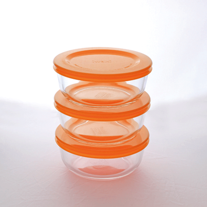 iwaki　イワキ耐熱ガラス保存パックぼうる中3個組フタをしたまま電子レンジOKオレンジ 400ml