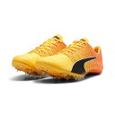 プーマ エヴォスピード フューチャー 6 PUMA evoSPEED FUTURE 6 ユニセックス 短距離用 陸上スパイク 2024psp オールウェザートラック専用 エヴォスピード フューチャー 6 evoSPEED FUTURE 6 ユニセックス 短距離用 陸上スパイク 【商品情報】 最新のテクノロジーを取り入れ、最高のスピードを求めるアスリートのためのエヴォスピードコレクション。 あらゆる方向へのストレッチ性が高いULTRAWEAVEアッパー、軽量で高い反発性を持ったカーボンファイバープレート、8本の固定式ピンが高いパフォーマンス力を発揮します。瞬間的な爆発力が必要な短距離など、パワースプリンターのための一足。 【特徴】 ・PWRPLATE： 最大限のエネルギー伝達と最適なランニング効率を実現するように設計された革新的なカーボン複合材プレート ・シングルピースULTRAWEAVE： 4方向ストレッチ機能を備え、動きやすさと最高のパフォーマンスを生み出す軽量なリサイクル生地 【詳細】 ・ストリームラインシルエット ・高反発力カーボンファイバープレート ・8本パーマネントピン、軽量グリップ ・軽量で通気性の高いインソール ・ナイロン製のスパイクバッグ付き ・カラー：サン ストリーム/サンセットグロー/プーマ ブラック ・原産国：ベトナム ・素材：合成繊維+合成樹脂(ポリウレタン)+人工皮革