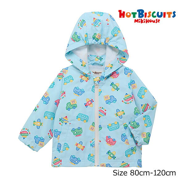 Rakuten - ●期間限定P11倍●ミキハウス　ホットビスケッツ　mikihouse　乗り物　クレヨンタッチイラスト　ウインドブレーカー　( 90　100　110　120 )　男の子　幼児　キッズ　羽織り　UVカット　撥水加工