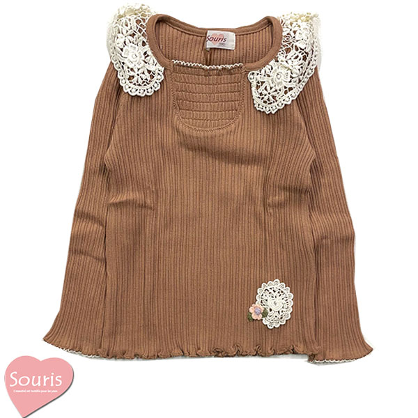 Rakuten - ●50％OFFセール●スーリー　Souris　お花レース襟付き長袖リブTシャツ(100）　アウトレット