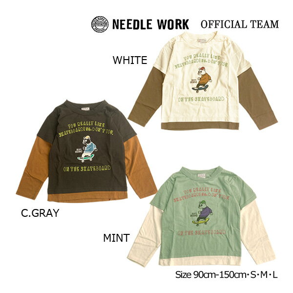 ニードルワーク（NEEDL WORK）OFFICIAL TEAM　重ね着風 リサイクルコットン スケボーくまちゃんTシャツ(150cm・S・M・L）