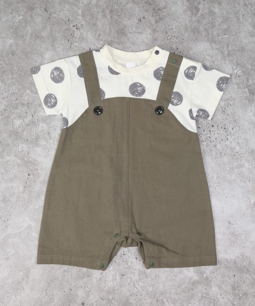 ●50％OFFセール●ディラッシュ　DILASH レイヤード風 ロンパース(70・80)子ども服　ベビー　赤ちゃん　男の子　女の子　半袖　半パン　ショートオール　ドット柄　水玉　アウトレット 半額
