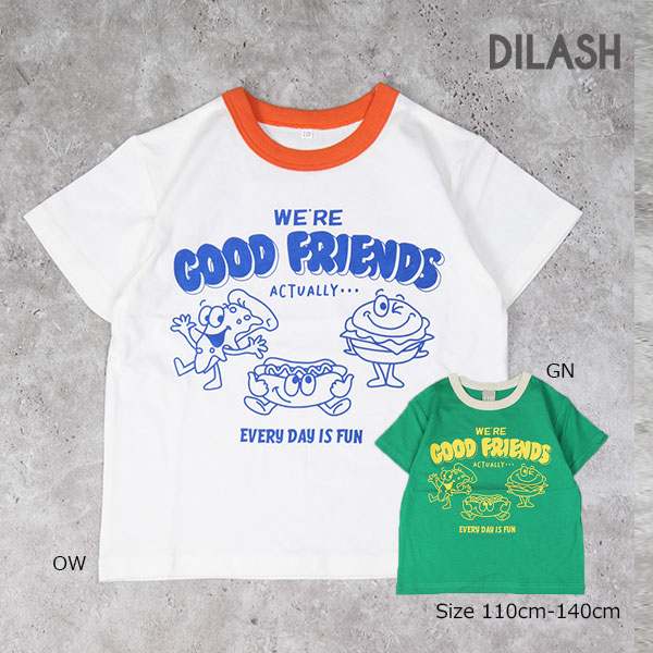 Rakuten - ●50％OFFセール●ディラッシュ　DILASH ファーストフード柄　半袖Tシャツ (110・120・130・140)子ども服　男の子　小学生　キッズ　ポップ　DL25ES023　オフホワイト　グリーン　アウトレット 半額
