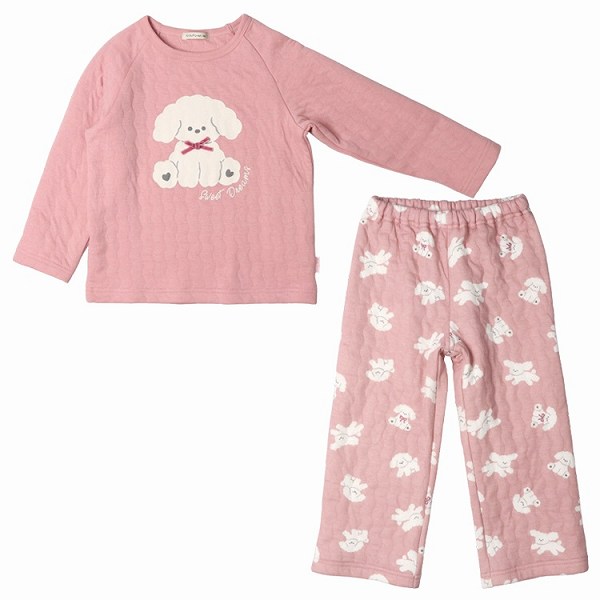 ●期間限定P11倍●キッズフォーレ Kids Foret いぬ柄 長袖キルト パジャマ ( 100 110 120 ) 子ども服 キッズ ルームウェア ふわもこわんちゃん かわいい 女児 女の子 幼稚園 保育園 小学生 お泊り 旅行 B65757