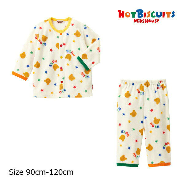 30日〜10％OFFクーポン有★30％OFFセール●ミキハウス　ホットビスケッツ　mikihouse 　長袖ルームウェア（90・100・110・120）子ども服　幼児　キッズ　男の子　女の子　パジャマ　フリース素材　総柄　ユニセックス　暖かい　冬　アウトレット