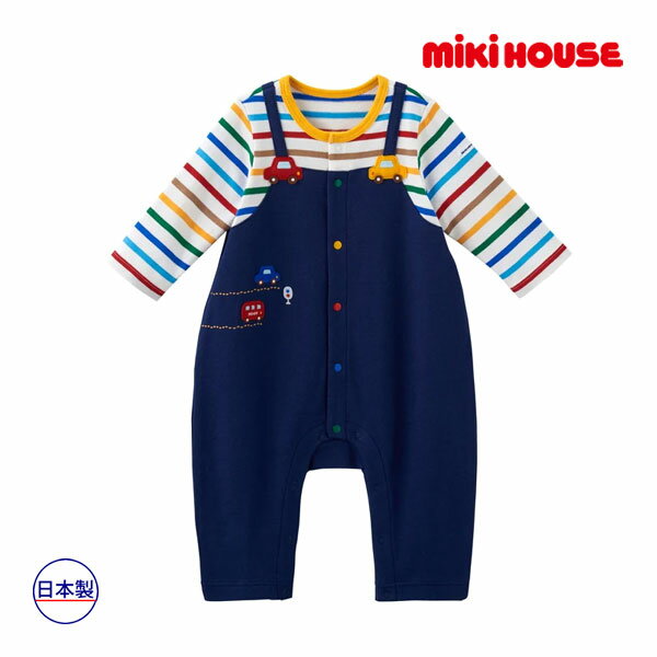 取り寄せ商品●ミキハウス ベビー mikihouse　くるま　オーバーオール風カバーオール(70cm・80cm)
