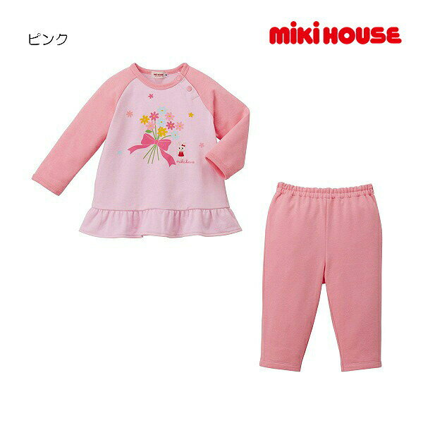 30日〜10％OFFクーポン有★30％OFFセール●ミキハウス　mikihouse　お花うさこ ミニ裏毛パイル　長袖パジャマ(80〜130）子ども服　プレゼント　ギフト 幼稚園 保育園 女の子 アウトレット