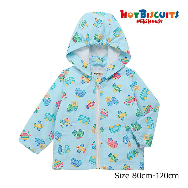 20日まで10％OFFクーポン有★ミキハウス　ホットビスケッツ　mikihouse　乗り物　クレヨンタッチイラスト　ウインドブレーカー　( 90　100　110　120 )　男の子　幼児　キッズ　羽織り　UVカット　撥水加工