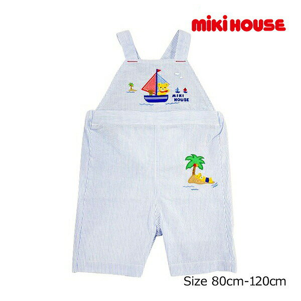 19日〜P11倍★取り寄せ商品●30％OFFセール●ミキハウス　mikihouse　ストライプ　オーバーオール(80cm・90cm・100cm）アウトレット セール 男の子 夏物 ベビー 赤ちゃん ストライプ柄 パンツ