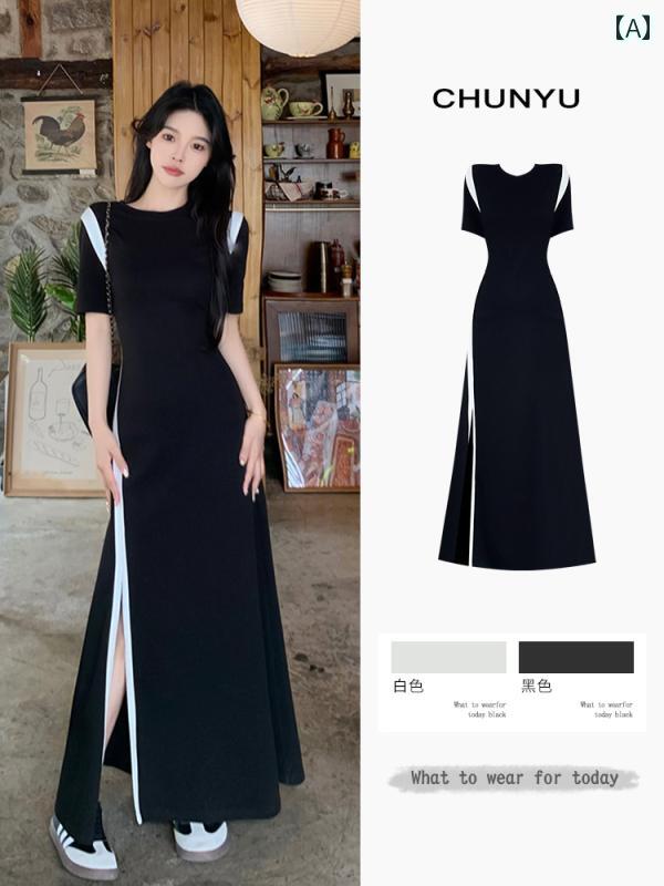 ロングワンピース シャツ ロング マキシ マキシワンピース きれいめ ドレス 大きいサイズ ロング スカート 夏 日常 通勤 レディース ラウンドネック スプライシング スリット ウエスト ドレス