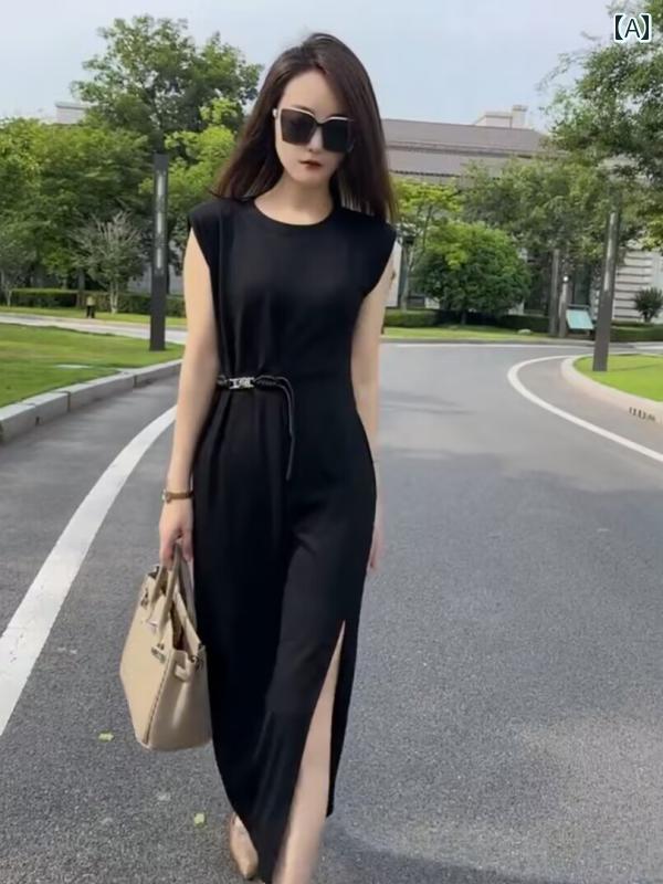 ロングワンピース シャツ ロング マキシ マキシワンピース きれいめ ドレス 2024夏 カジュアル ドレス 女性用 万能 ミディアム 丈 スリム ウエスト ノースリーブ サイドスリット スカート(4)