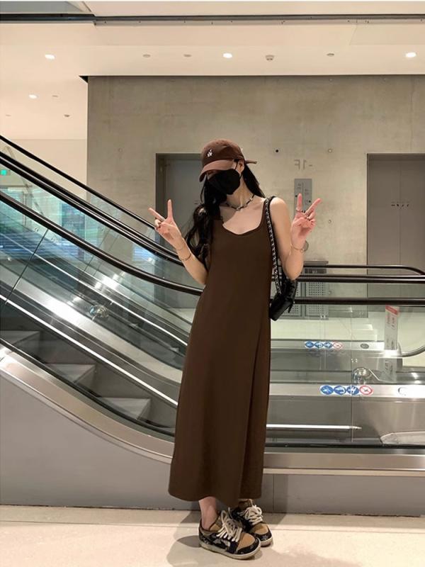 ロングワンピース シャツ ロング マキシ マキシワンピース きれいめ ドレス フランス 風 ミドル 丈 カジュアル ベスト スカート 女性用 ブラウン スリム スリット ボトム ドレス 春夏