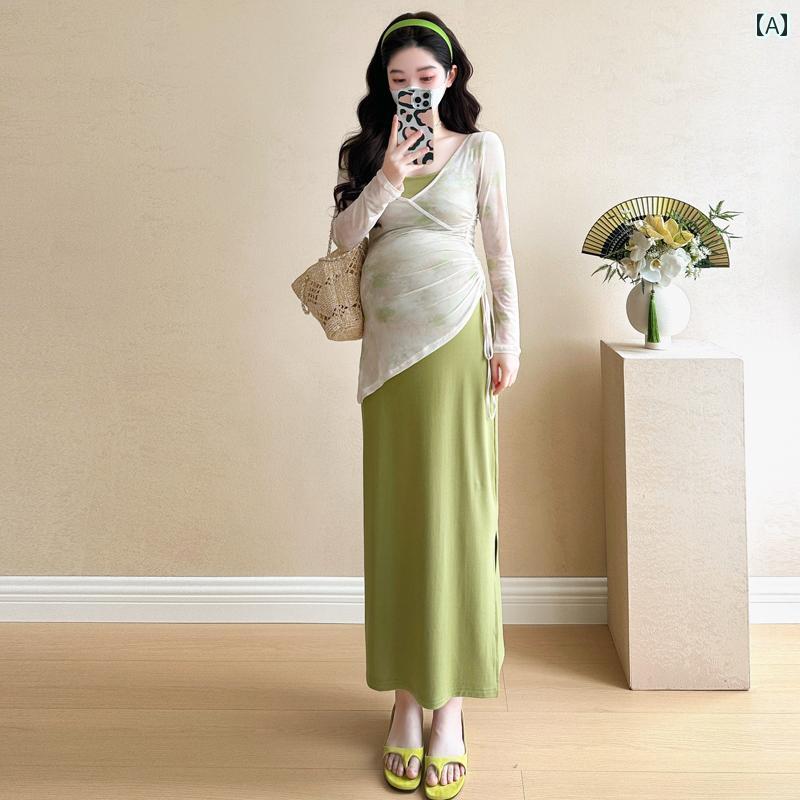 マタニティウェア 産前 産後 春夏 ゆったり マタニティワンピース セットアップ パンツ マタニティウェア 2025 夏の ドレス チャイナ風 ファッション スーツ スタイリッシュな 春夏 妊娠中の 母親の ウェア(4)