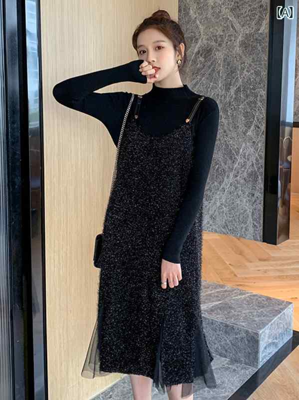 ニットワンピース 今季 春夏 マキシ丈 ロング 大人かわいい ニット かわいい きれいめ 高級 ツーピース 春秋 スーツ スタンドカラー ベース ニット セーター 大きいサイズ サスペンダー スカート 2025 ドレス