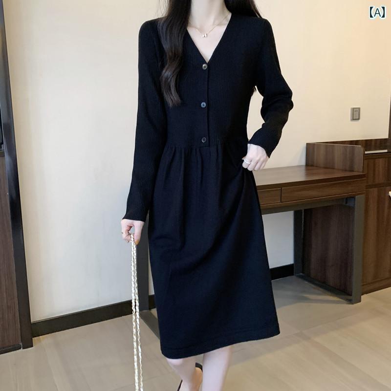 レディース ワンピース 大きいサイズ 秋 シンプル 黒 インナーウェア アウターウェア ニット スカート 太った 女の子 痩せる お腹 カバー Vネック ドレス