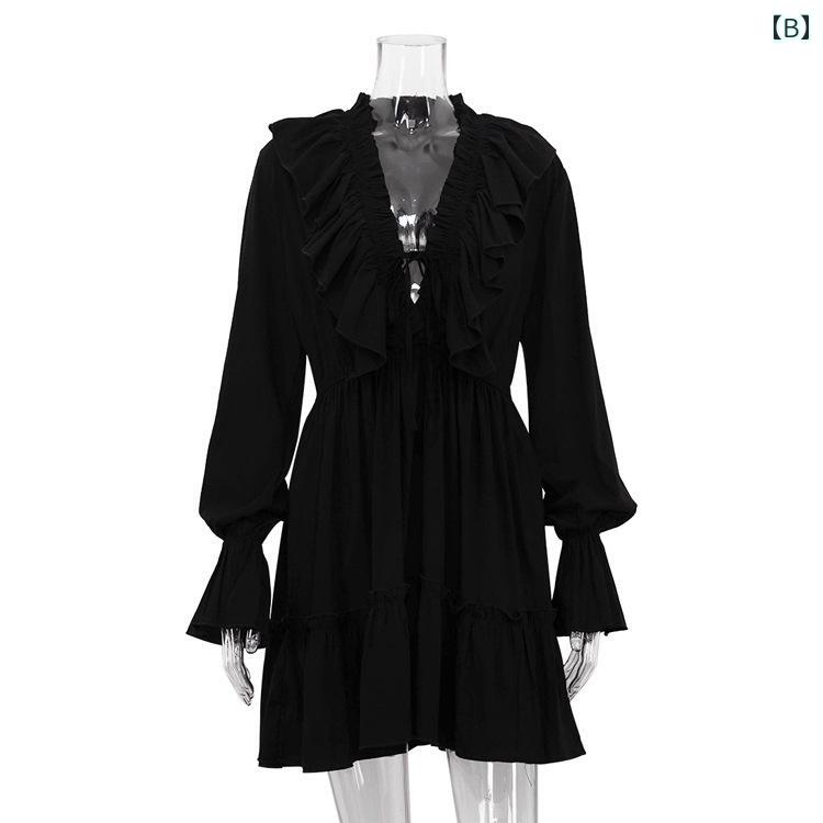 ワンピース シフォンワンピース レディース ロングワンピース シャツワンピース ワンピース シフォンワンピース レディース ロングワンピース シャツワンピース 欧米の ファッション Vネック プリーツ トランペット スリーブ フリルドレス フレア スリー