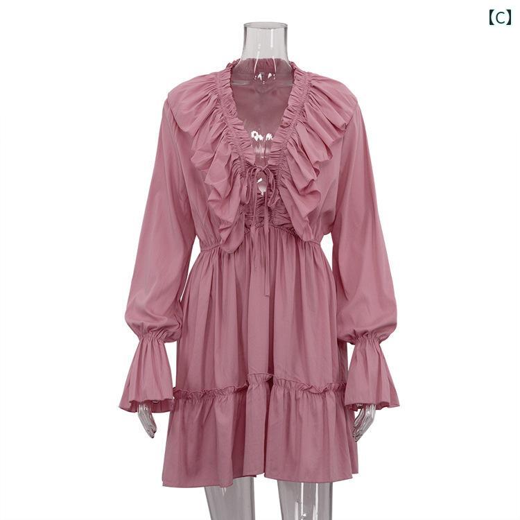 ワンピース シフォンワンピース レディース ロングワンピース シャツワンピース ワンピース シフォンワンピース レディース ロングワンピース シャツワンピース 欧米の ファッション Vネック プリーツ トランペット スリーブ フリルドレス フレア スリー