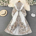 ワンピース シフォンワンピース レディース ロングワンピース シャツワンピース ワンピース シフォンワンピース レディース ロングワンピース シャツワンピース レトロ エスニックの スタンドカラー プリント ウエスト スリム シングルブレスト aライン