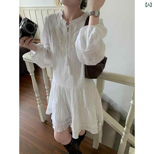ワンピ シャツワンピ ロング マキシ ELU Xuanxuan フレンチ ホワイト タッセル レース ドレス レディース ゆったり 長袖 スカート ワンピ シャツワンピ ロング マキシ ELU Xuanxuan フレンチ ホワイト タッセル レース ドレス レディース ゆったり 長袖 スカート