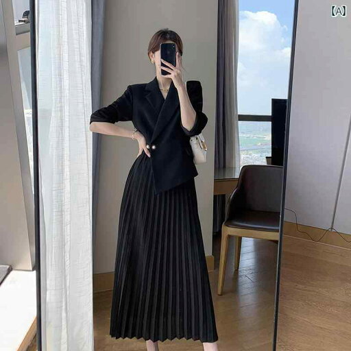 ワンピ シャツワンピ ロング マキシ グー ゲの 黒い ドレスの 女性 2025 春型 スーツ カラー ウエスト スリム フェイク ツーピース プリーツスカート ワンピ シャツワンピ ロング マキシ グー ゲの 黒い ドレスの 女性 2025 春型 スーツ カラー ウエスト スリム フェイク ツーピース プリーツスカート