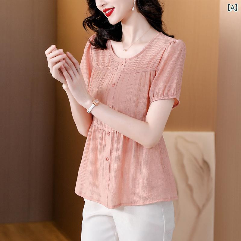 シフォンシャツ シフォン シャツ 夏 レディース ブラウス シフォンシャツ シフォン シャツ 夏 レディース ブラウス 夏の 婦人服 2025 母親の 綿 麻の シャツ レディース 半袖の な 美しい スカートの 小さい シャツは 腹を 覆う トップ