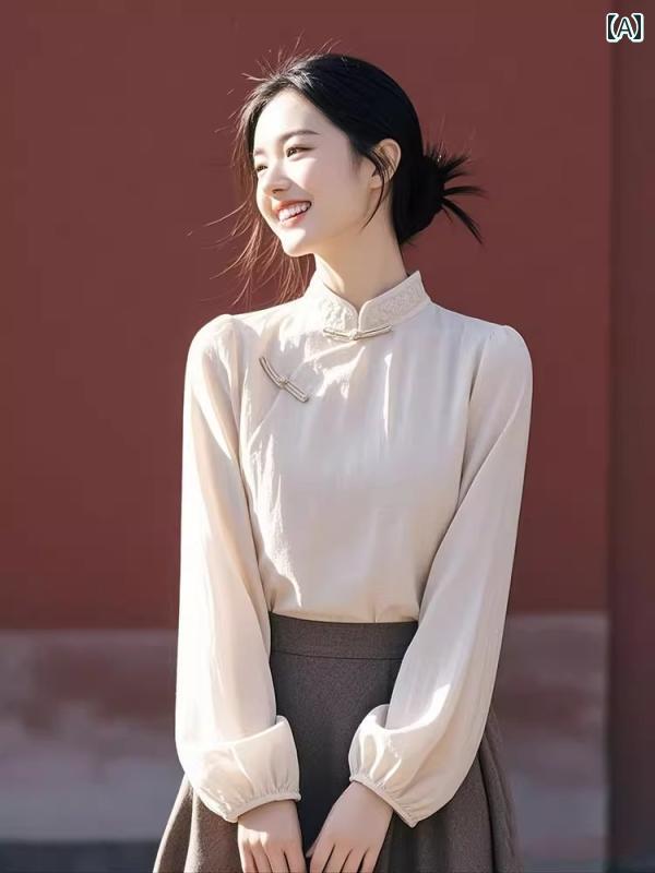 チュニック ブラウス ぽわん袖 レディース 春先の レディース チャイナ風 民族 風 スタンドカラー オフ ホワイト シャツ ユニークな ゆったり カジュアル かっこいい