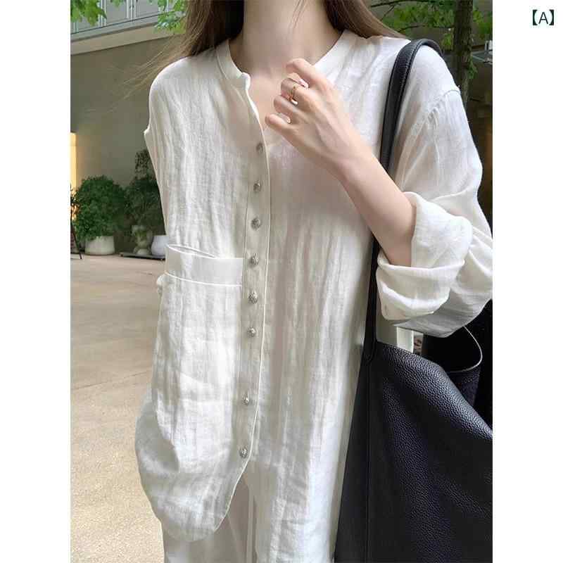 チュニック ブラウス ぽわん袖 レディース チャイナ風 白い リネンシャツ ジャケット レディース 春秋 ゆったり レトロ 民族 風 クール 禅 コットンリネン 長袖 トップスのサムネイル