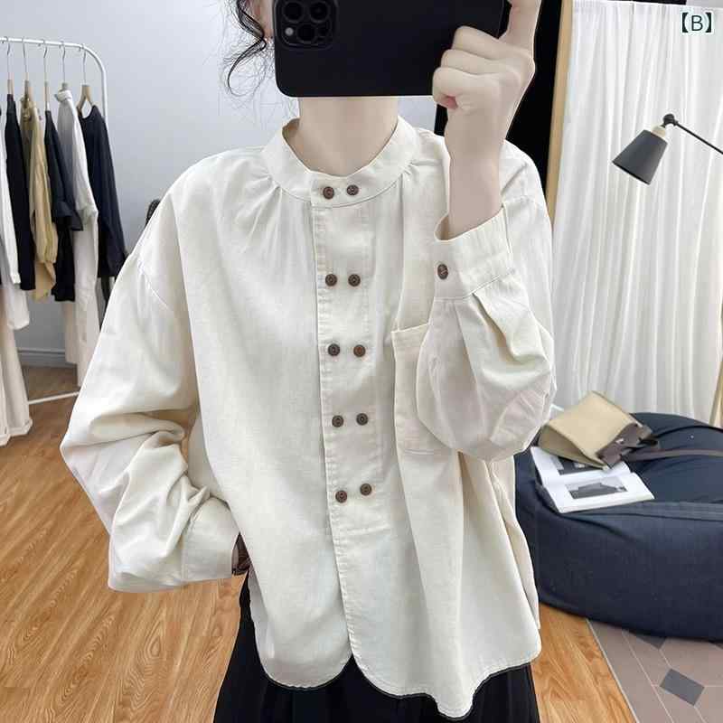 チュニック ブラウス ぽわん袖 レディース レディース レトロ スタンドカラー 綿 シャツ ダブルブレスト ゆったり カジュアル 長袖 レイヤリング トップス 春