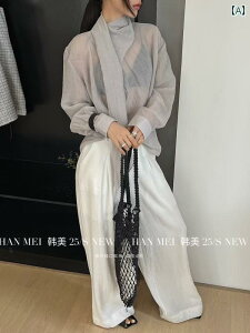 レディース ドレープ ジョーゼット 透け感 HANMEI 韓国 系 アメリカ 人 フランス 風 色 リボン シャツ 女性 夏 リラックス 感 薄手 透明 チュール 日焼け防止