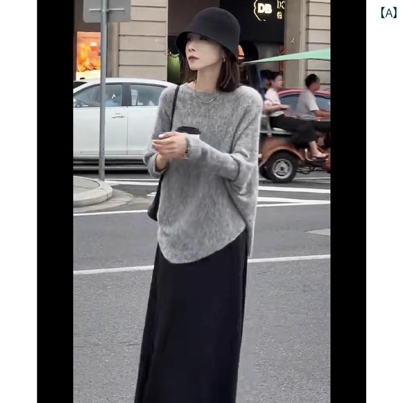 ダブルクロス ジャンパースカート スカート ロング 秋冬 ハイエンド クール 衣装 バット スリーブ 不規則な 裾 ニット トップス 万能 スカート 女性用