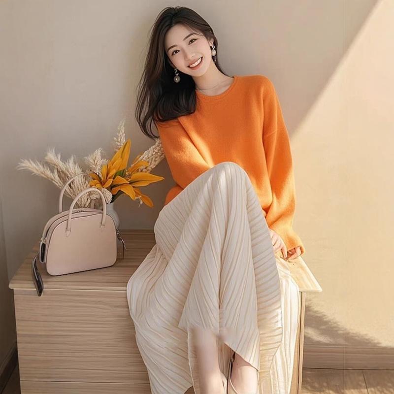 ダブルクロス ジャンパースカート スカート ロング 年齢を 減らす 韓国 高級 ootd 衣装の 完全な セット： ゆったり な オレンジ色の セーター プリーツスカート スーツ(4)