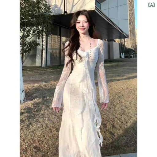 パーティードレス ロングワンピース ミモレ丈 レース シースルー 海辺での 休暇の 白い レースの 長袖 ドレス レディース 春夏 な ウエスト 魅惑的 ロング スカート パーティードレス ロングワンピース ミモレ丈 レース シースルー 海辺での 休暇の 白い レースの 長袖 ドレス レディース 春夏 な ウエスト 魅惑的 ロング スカート