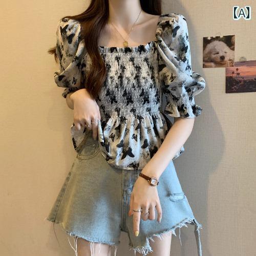 レディース トップス かわいい 春夏 パフスリーブ スクエアネック ワンショルダー バタフライ ユニークで な シフォンシャツ 夏の 大きいサイズ mm ウエスト ベビー シャツ トップ